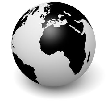 Black and white globe with shadow on white background, 3d illustration