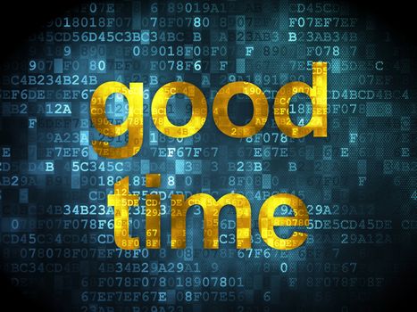 Timeline concept: pixelated words Good Time on digital background, 3d render