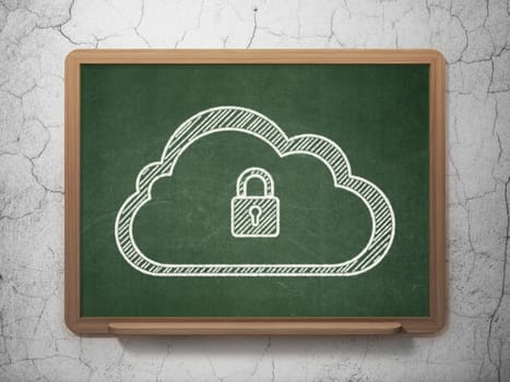 Cloud computing concept: Cloud With Padlock icon on Green chalkboard on grunge wall background, 3d render