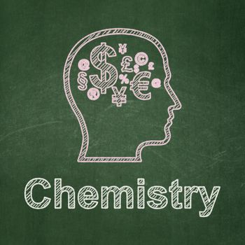 Education concept: Head With Finance Symbol icon and text Chemistry on Green chalkboard background, 3d render