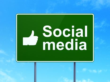 Social media concept: Social Media and Thumb Up icon on green road (highway) sign, clear blue sky background, 3d render