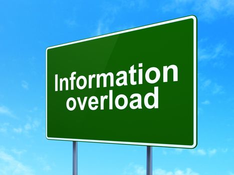 Data concept: Information Overload on green road (highway) sign, clear blue sky background, 3d render