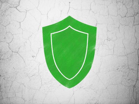 Protection concept: Green Shield on textured concrete wall background, 3d render