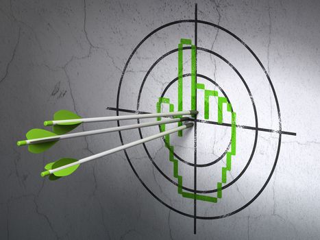 Success web development concept: arrows hitting the center of Green Mouse Cursor target on wall background, 3d render