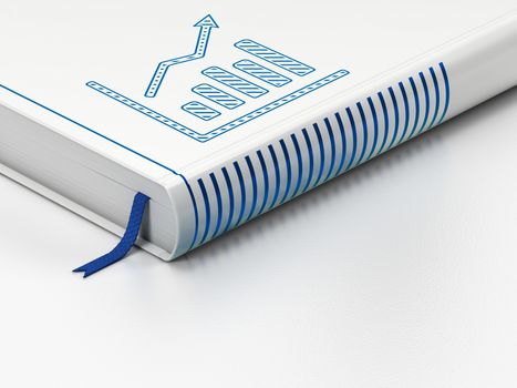 News concept: closed book with Blue Growth Graph icon on floor, white background, 3d render