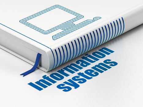 Data concept: closed book with Blue Computer Pc icon and text Information Systems on floor, white background, 3d render