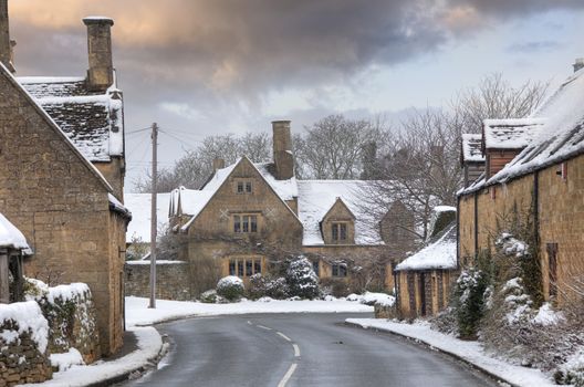 Cotswold village in snow, Weston Subedge near Chipping Campden, Gloucestershire, England.