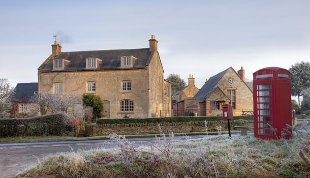 Cotswold village with early morning frost, Aston Subedge near Chipping Campden, Gloucestershire, England.