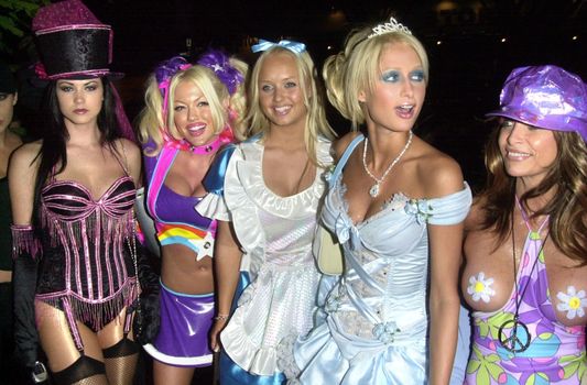 Erica Lookadoo, Tiffany Holiday, Paris Hilton and Patricia Brown at the Flaunt Magazine and Vivid Video Halloween Bash, Private Location, Los Angeles, CA 10-31-02