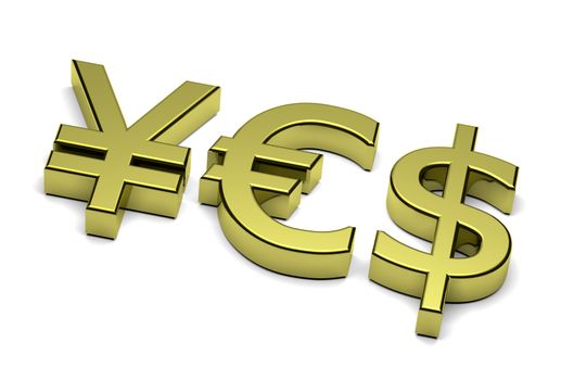 3D Golden Euro Yen and Dollar Currency Sign Composing Yes Text on white background