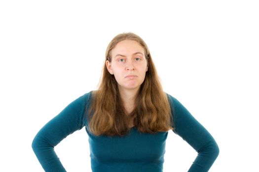 Young discouraged woman on white background