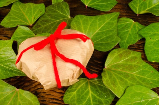 Heart shaped  Valentines present among fresh ivy leaves