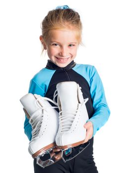 Little girl with skates isolated on white background