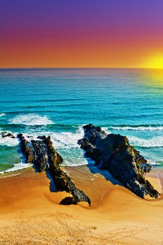 Rocky Coast of Atlantic Ocean in Portugal, Sunset
