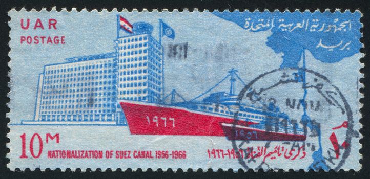 EGYPT - CIRCA 1966: stamp printed by Egypt, shows Building, ships, map, circa 1966