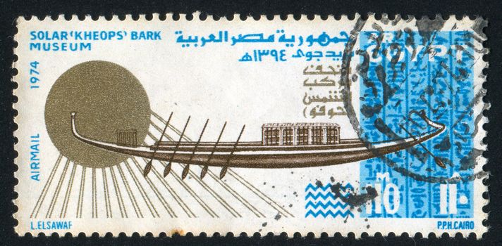 EGYPT - CIRCA 1974: stamp printed by Egypt, shows Ancient boat, signs, circa 1974