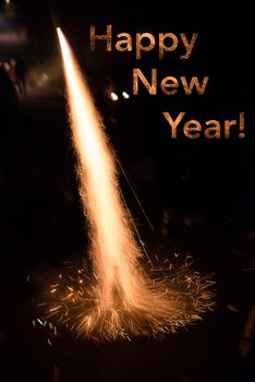 Happy New Year card showing a fireworks rocket being launched out of a champagne bottle on its way into the sky