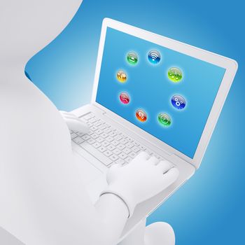 3d white man sitting with a laptop. On the laptop screen application icons. Computer technology concept