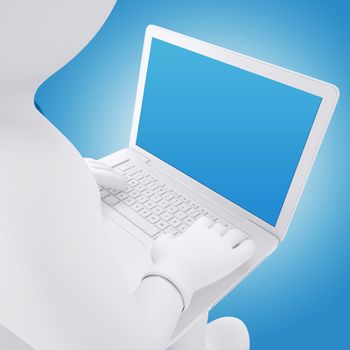 3d white man working on a laptop. Man sitting. Render on blue background