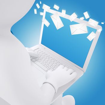 3d white man sitting with a laptop. Envelopes flying around a laptop. E-mail concept