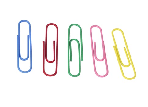 Office paper clips of different colors. Isolated on white background