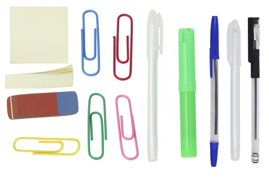 Office supplies: pens, markers, eraser, paper clips and stickers. Isolated on white background