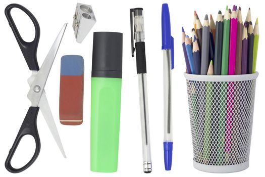 Office supplies: pencils, pens, scissors, markers, eraser and pencil sharpener. Isolated on white background