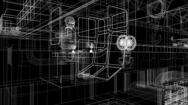 Gantry crane in a factory environment. Wire-frame. Render on a black background