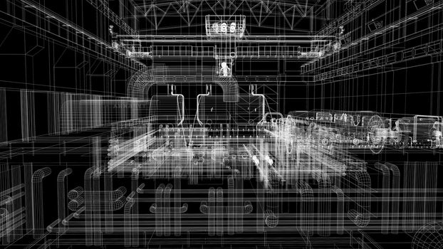 Gantry crane in a factory environment. Wire-frame. Render on a black background