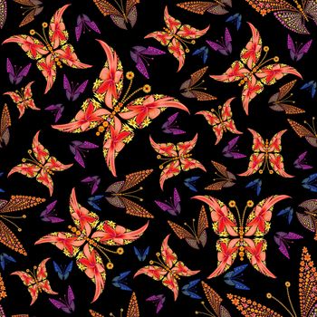 Butterfly seamless colorful abstract pattern made by flowers
