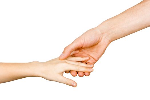 Man's hand holding a child's hand. white background