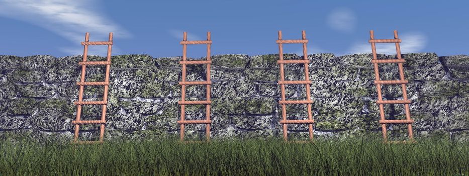 Four wooden ladders againt a grey brick wall in nature by beautiful day