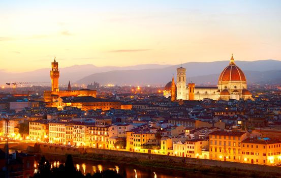 Skyline of Florence at colorful dusk, view from Piazzale Michelangelo