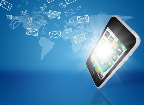 Emails fly out of smartphone screen. The concept of e-mailing