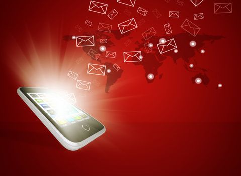 Emails fly out of smartphone screen. The concept of e-mailing