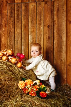 Cute little girl standing on hay in rustic barn