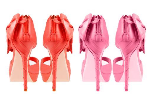 Evening pink shoes with a bow on a high heel   Isolated on a white background . two couples collage, rear view 