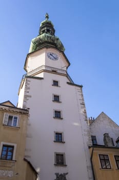 Clock tower at the St. Michael's Gate, Bratislava, Slovakia.