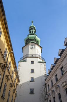 Clock tower at the St. Michael's Gate, Bratislava, Slovakia.