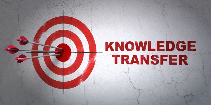 Success Education concept: arrows hitting the center of target, Red Knowledge Transfer on wall background, 3d render