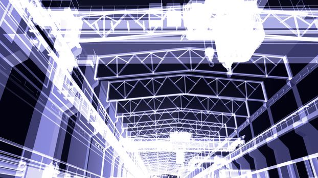 Gantry crane in a factory environment. X-ray. Render on a black background