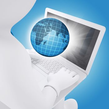 3d white man sitting with a laptop. Globe flying out of screen. The concept of Computer Technology