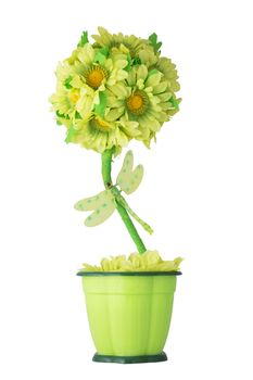 Artificial flowers in flower pots. Sunflowers and dragonfly. Isolated on white background