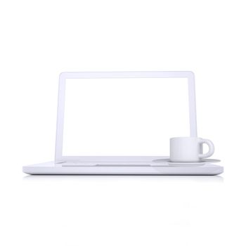 Laptop and coffee cup. Isolated render on white background