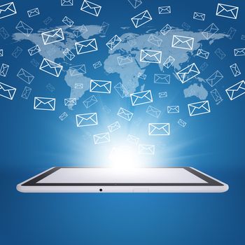 Emails fly out of tablet pc screen. The concept of e-mailing