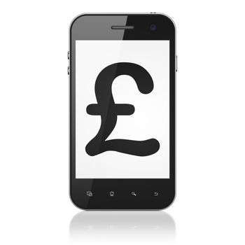 Currency concept: smartphone with Pound icon on display. Mobile smart phone on White background, cell phone 3d render