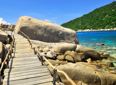 Boardwalk  Perfect tropical bay on Koh Tao a paradise island in Thailand, Asia.