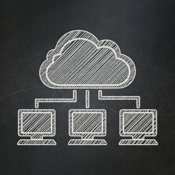 Cloud networking concept: Cloud Network icon on Black chalkboard background, 3d render