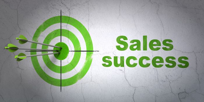 Success marketing concept: arrows hitting the center of target, Green Sales Success on wall background, 3d render