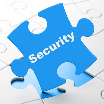 Safety concept: Security on Blue puzzle pieces background, 3d render